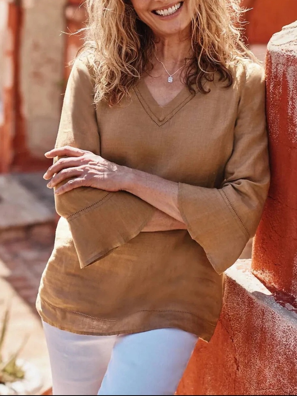 J.Jill Love Linen V-Neck Flounce-Sleeve Top Lagenlook Fall Top Brown Size M